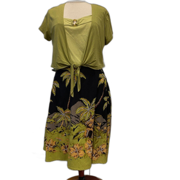 McNaughton JPR 3 Piece Skirt 2 Top Set Tropical Palm Trees Sequins Green XL NEW - Picture 1 of 16